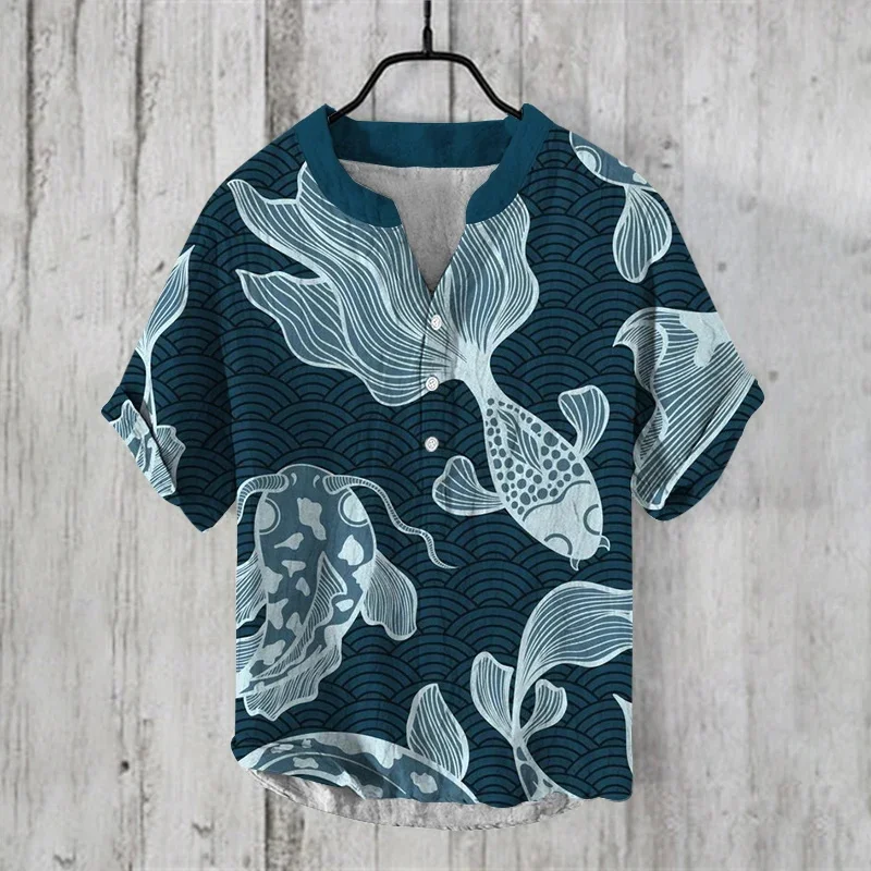 

New Ink Cherry Blossom 3D Printing Standing Neck Shirt Short Sleeve Foreign Trade Fashion Casual Bamboo Knot Hemp Casual Top