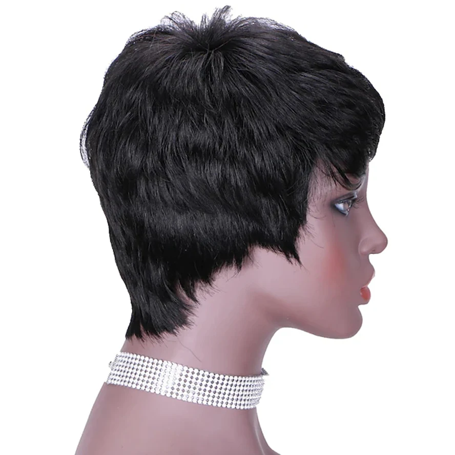 Perruque Pixie Cut Wig naturelle noire avec frange, cheveux courts pour femmes noires, entièrement faite à la Machine