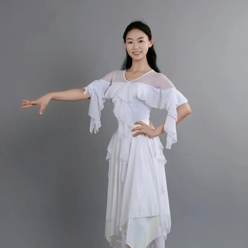Vêtements de danse de salon irréguliers blancs pour femmes, hauts féeriques, jupe, robes de danse de valse, vêtements d'entraînement, Costume de spectacle DNV24483
