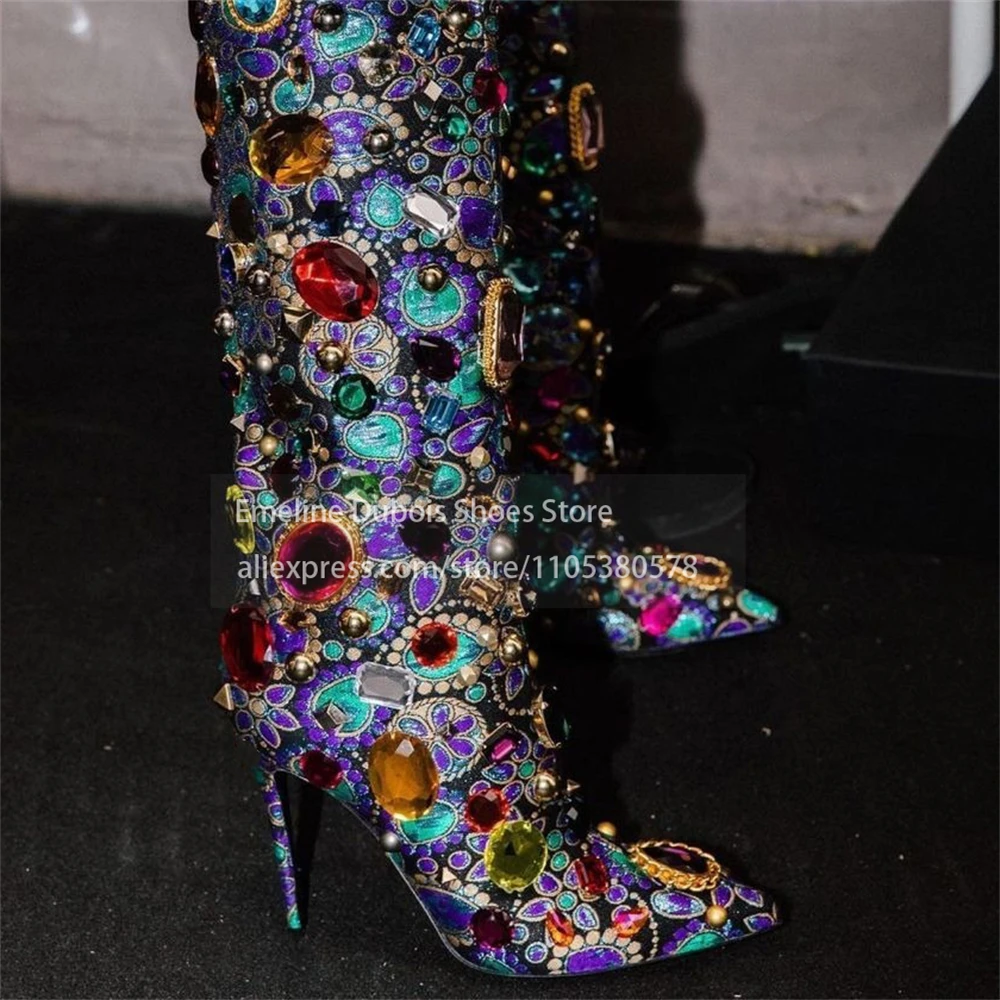 Colorful Gemstone Stiletto Knee High Boots Pointed Toe Side Zipper Luxury Women High Heel Tall Boots Nightclub Party Show Autumn