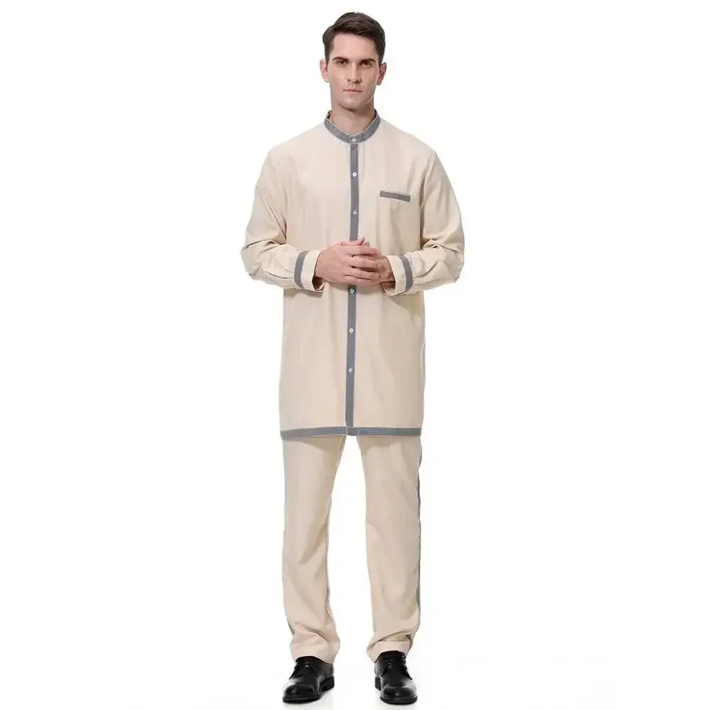 Ramadan muçulmano masculino jubba thobe 2 peças conjunto arábia saudita djellaba paquistão kaftan dubai abaya topos & calça serviço de adoração islâmica