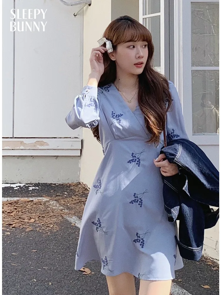 

Elegant Blue Embroidered Dress | Floral V Neck Long Sleeve Midi | Slim Fit Shoulder Design Casual Autumn Outfit for Women