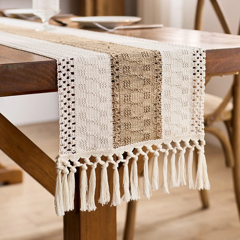 Boho Farmhouse Linen Table Runner for Home Decor Macrame with Tassels Long Farmhouse Rustic Table Runner Wedding Decoration ZQ03