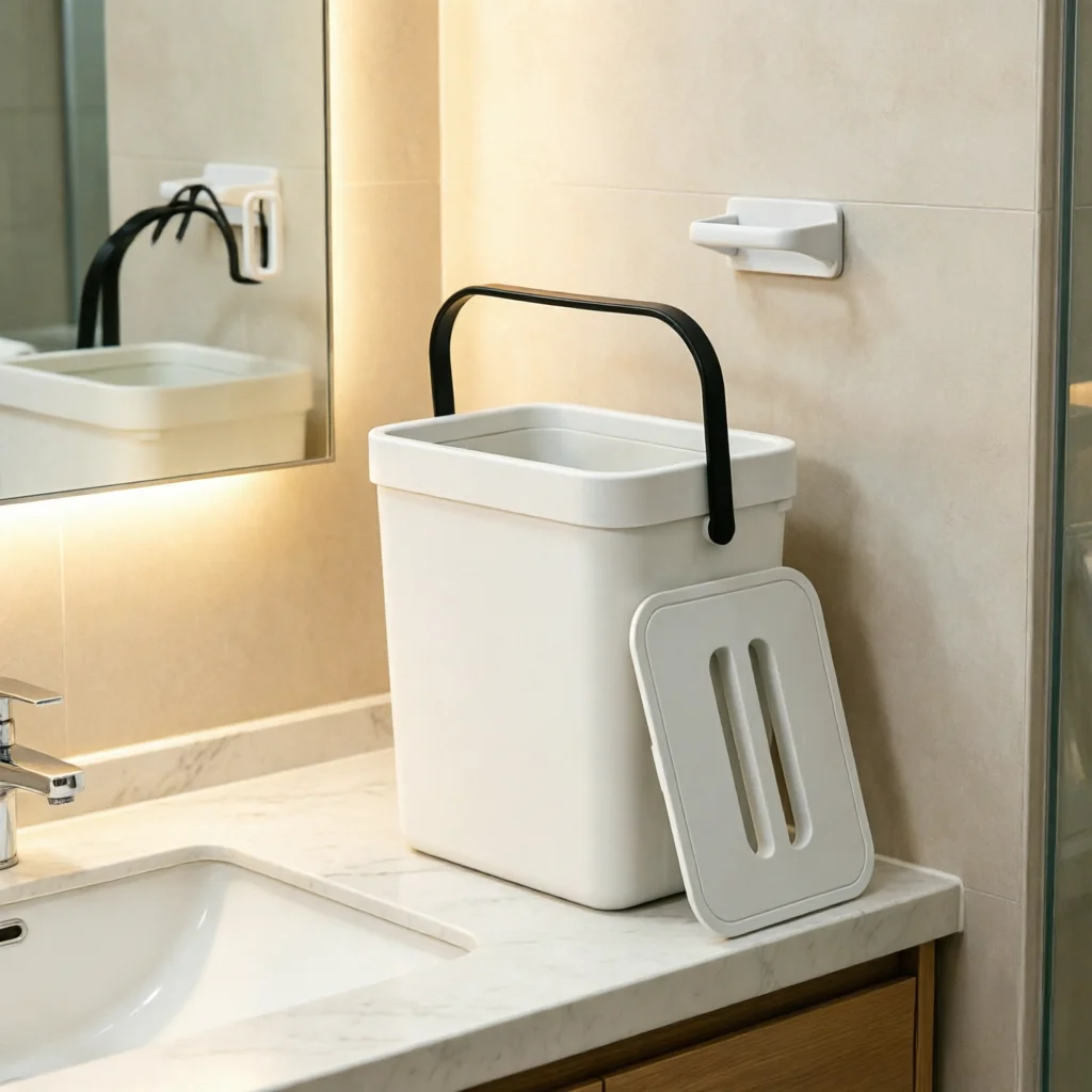 No‑Drill Wall‑Hanging Trash Can With Lid,Portable Handle Plastic Waste Bin,Wall Mounted & Desktop Dual‑Use Garbage Bucket for Kitchen Bathroom Bedroom