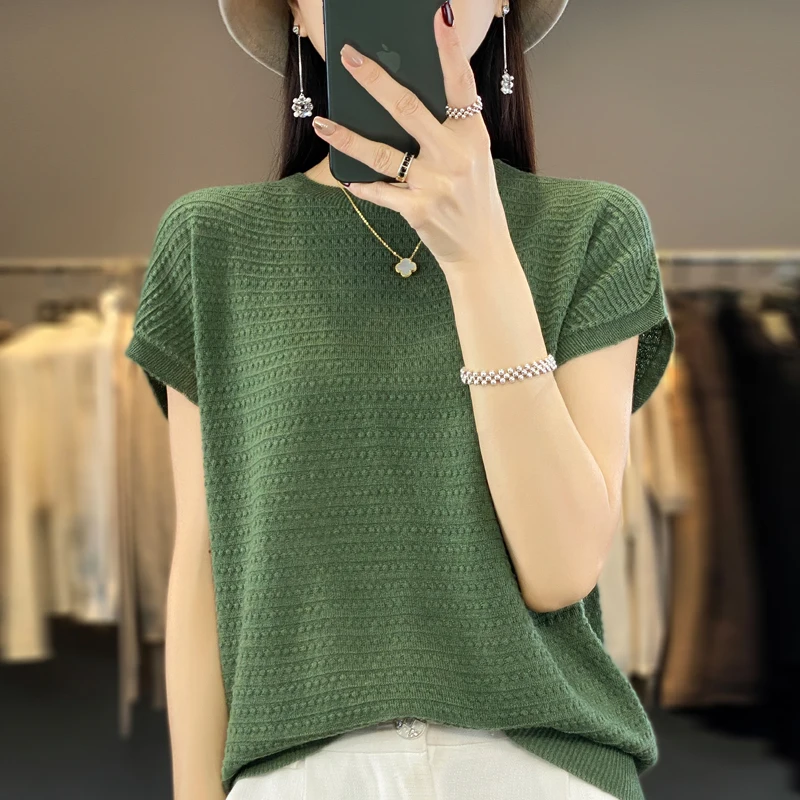 Fashion short half sleeve cashmere women\'s sweater 100% pure merino wool O-neck pullover sweater