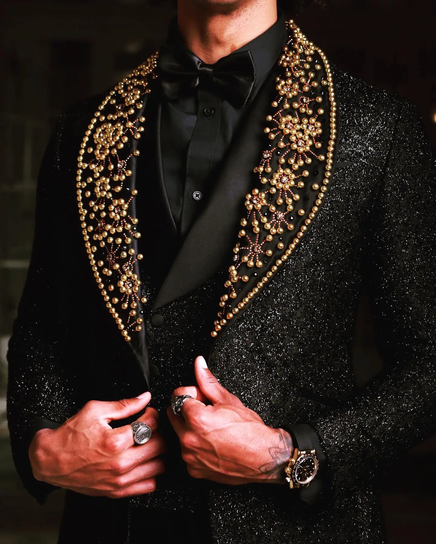 Men's Suits Tailored 3 Pieces Blazer Vest Pants One Button Sheer Lapel Sequins Wedding Pearls Beads Formal Custom Made Plus Size