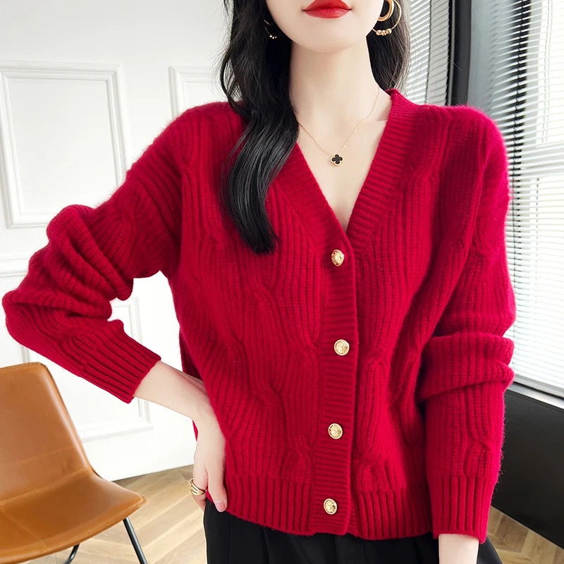 V-neck 3 button 100% Merino wool cardigan Autumn and winter new cashmere sweater women's cardigan warm bottom knit shirt top