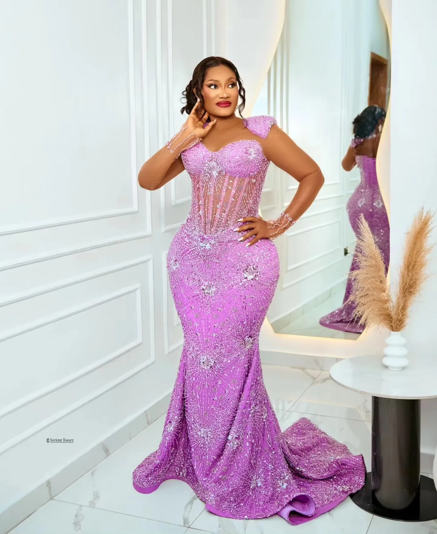 Luxury Lilac Beaded Lace Mermaid Prom Dresses Plus Size African Formal Party Dress Customized Asoebi Wedding Gown Birthday Dress