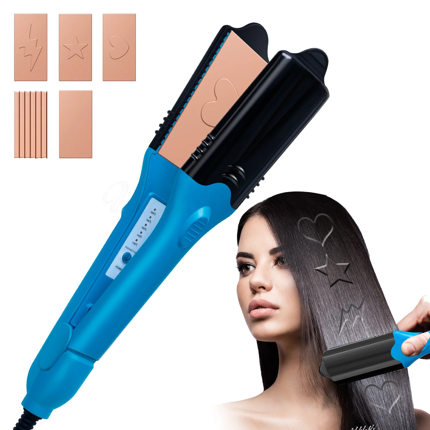 3D Hair Imprinting Curling Iron Hair Straightener Fast Heating Ceramic Crimpers Wavers Curler with 5 Different Embossing Plates