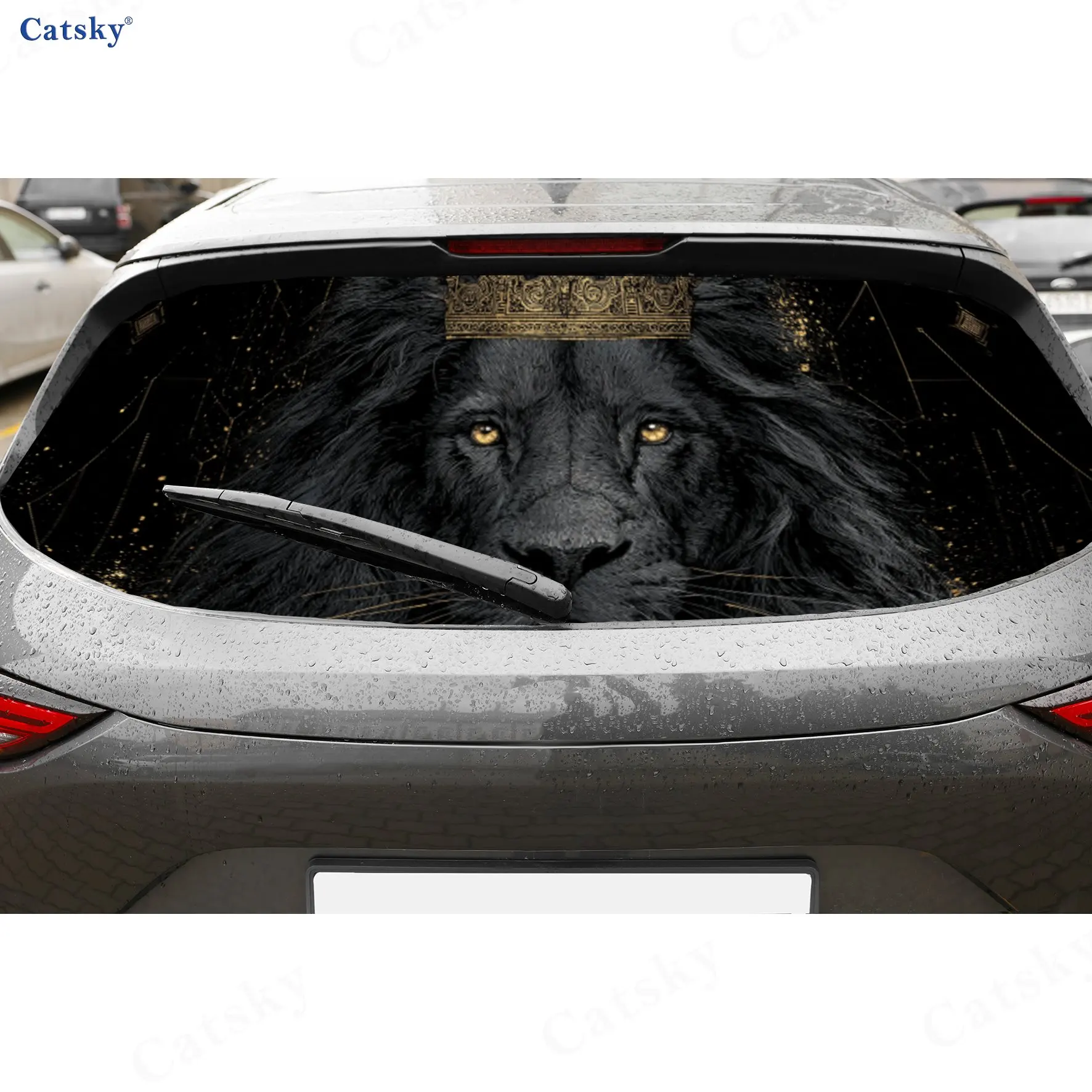 Domineering Golden Crown Black Lion PVC Perforated Car Vinyl Wraps, Durable Car Rear Windshield Sticker, Waterproof Car Rear Win