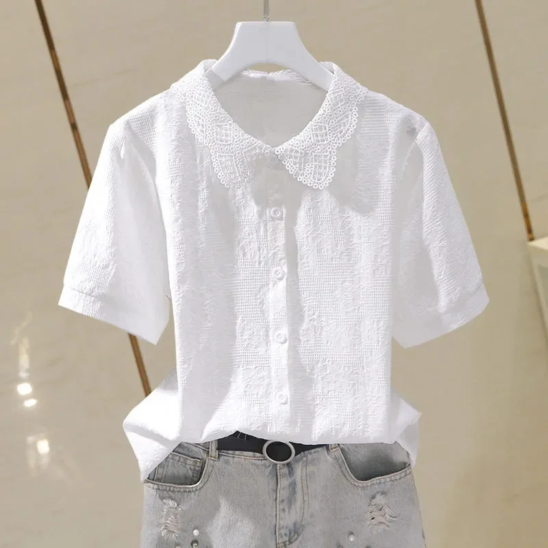 2025 New Fashion Vintage lace patchwork Shirt Women Summer Short-sleeved Single-Breasted Short Simple Wild Blouse Ladies Tops