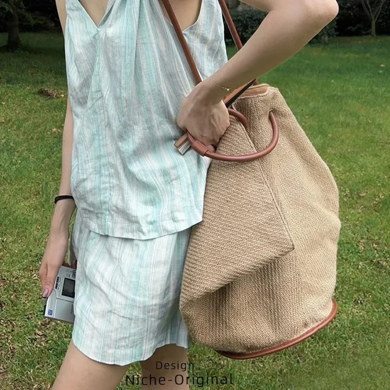 Bucket Straw Bags For Women Luxury Designer Handbags And Purse 2023 New In Casual Large Capacity Shoulder Tote Travel Beach Bag