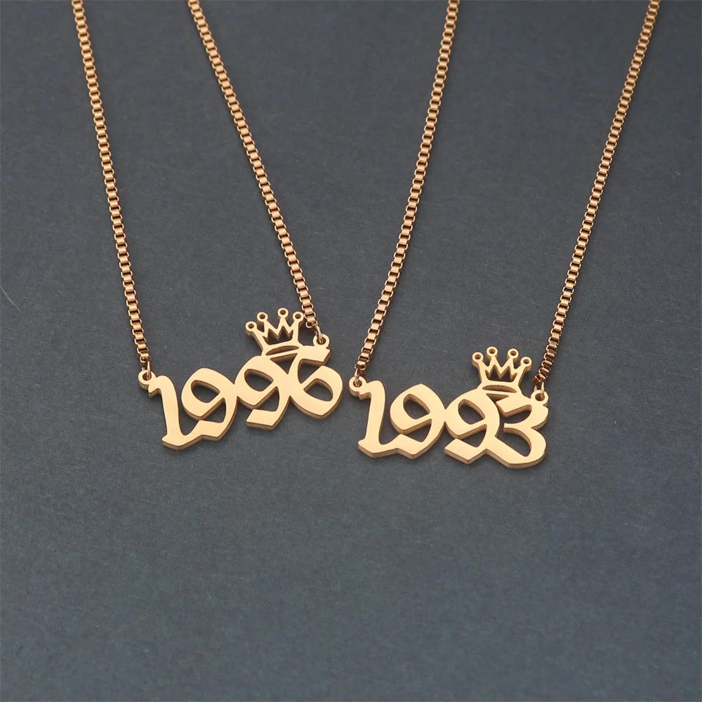 Birth Year Necklace Mothers Day Gift for Women Vintage Jewelry Stainless Steel Crown Necklaces Pendant Box Chain Choker