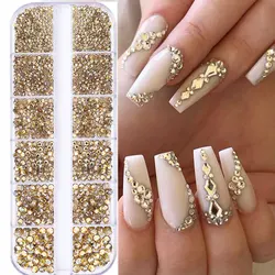 1.5mm-5mm Champagne Glass Crystal Nail Art Gems 12grids Flatback SS4-SS16 Mixed Nail Art Rhinestone Non-Hotfix Diamond Nail Deco