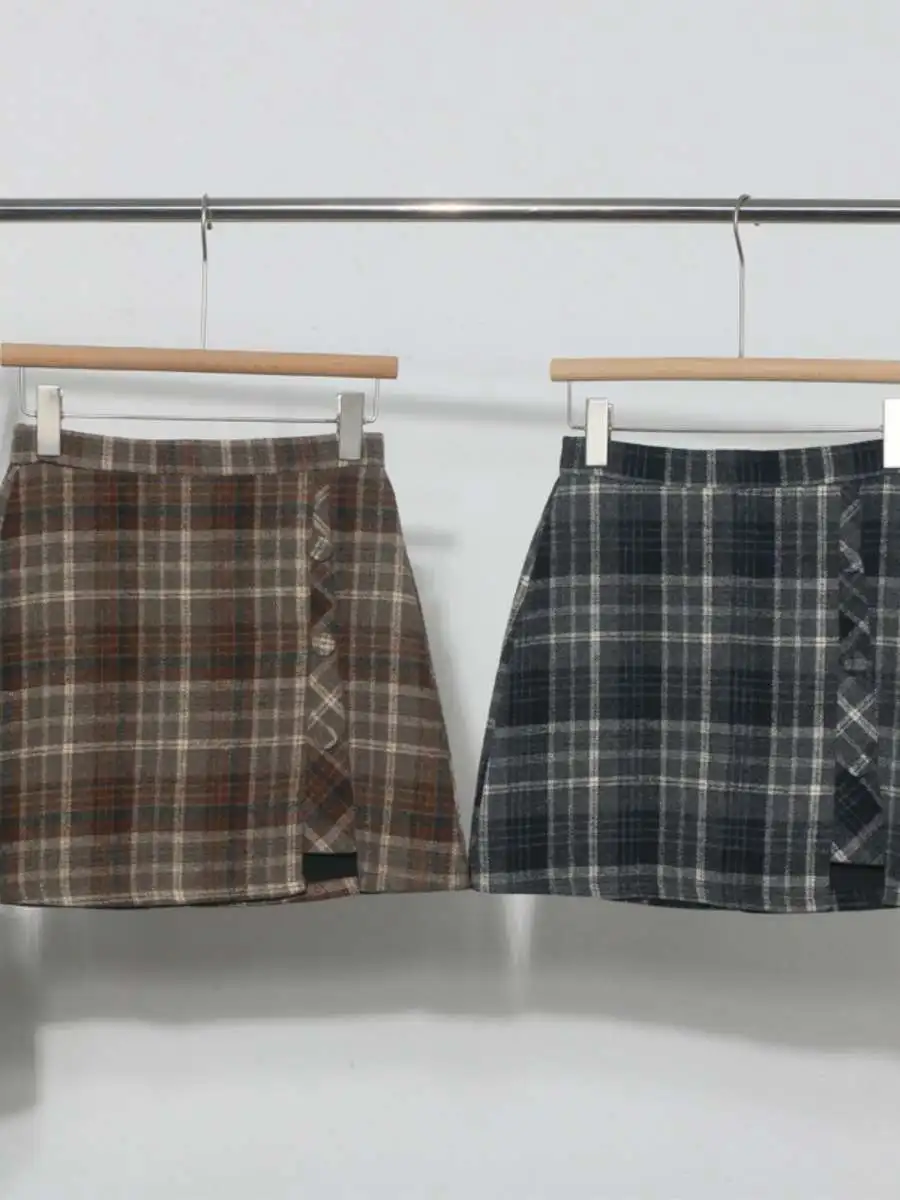 

Autumn Winter Woolen Plaid Skirt Women's Asymmetrical Wrap around High Waist ort Skirt Ci Walk Sle Other Material