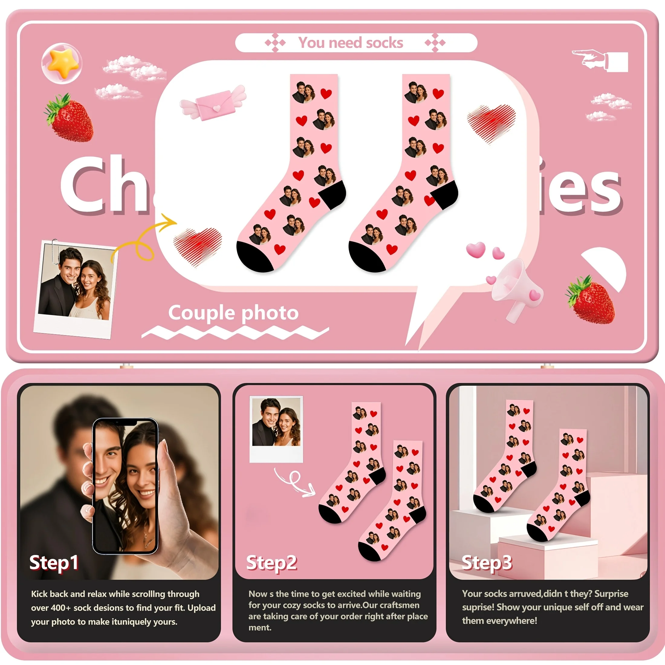 1 pair (single and double packaging) personalized photo couple customized socks-socks with customizable head, printed with your view 3
