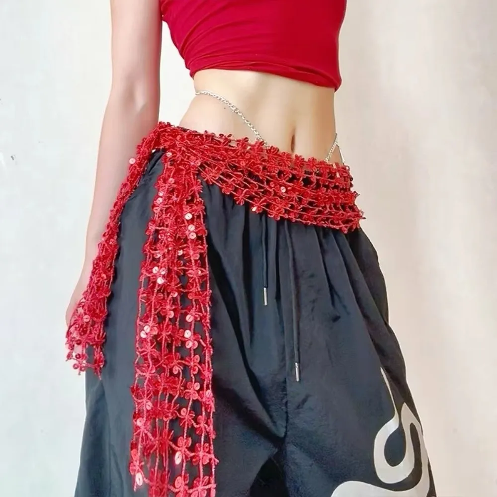 

Adjustable Waist Scarf Tassel Design Shiny Sequin Waist Chain Hip-hop Style Dance Belt