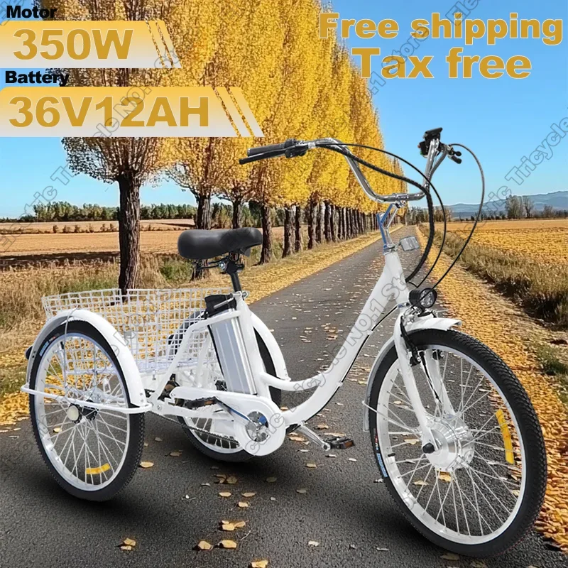 Three Wheel Electric Bike 36V 350W 24 Inch Electric Tricycle Bicycle For Women Ladies With Removable Battery Rear Basket Black