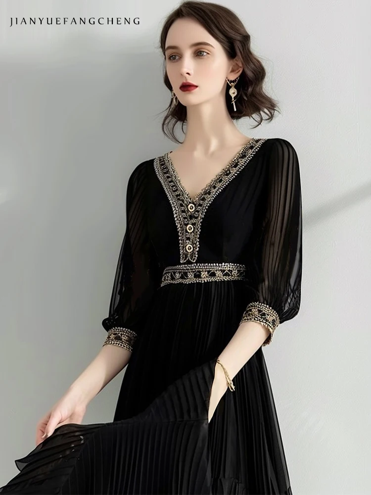 2024 Summer Elegant Vintage Black Embroidered Chiffon Dress Women\'s High Waist A-line V-neck Short Sleeve Party Cocktail Dresses