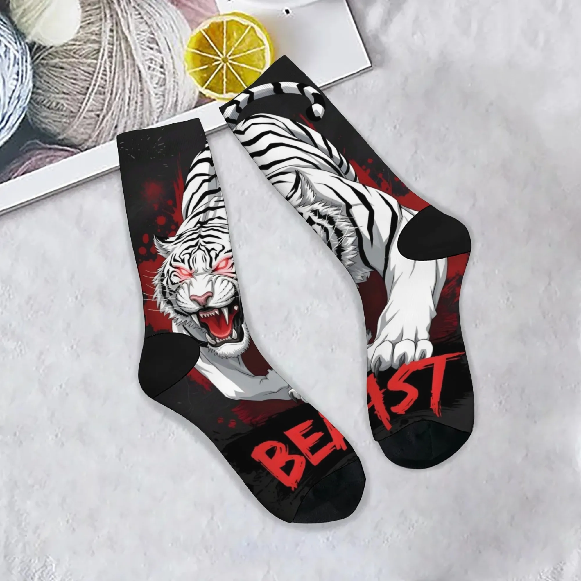 와일드 화이트 타이거 프린트 남성용 양말 편안한 통기성 미끄럼 방지 캐주얼 양말 참신 하라주쿠 레트로 스트리트 힙합 양말 선물