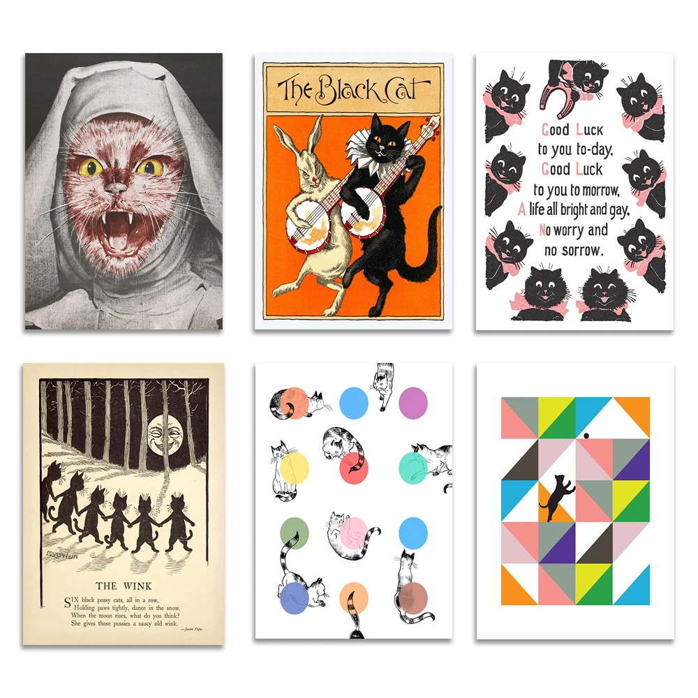 Gato monja, gato negro mágico, gato enamorado, lunares gatitos, cartel de gato manila en pila de libros Tour de gato negro gato antiguo