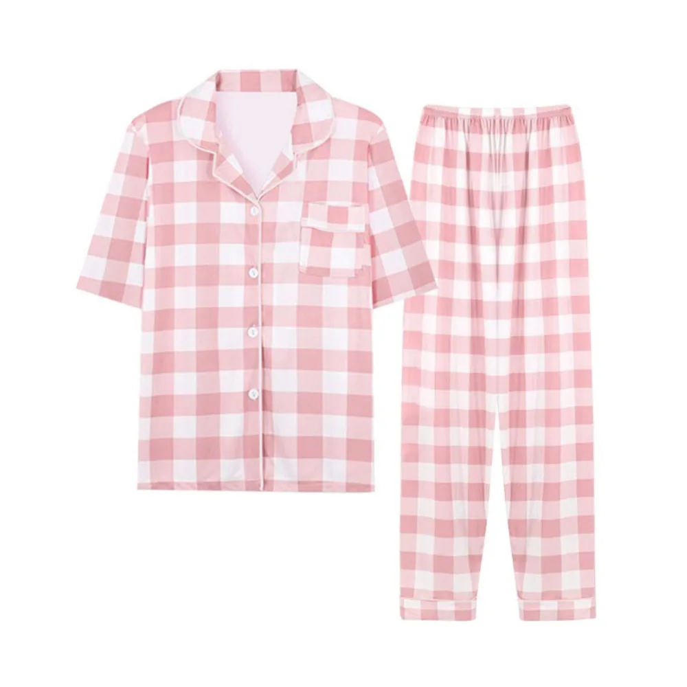 

Homewear Short Sleeve Grid Pajama Suit V Neck Women Sleepwear Tops Pants Nightwear Slim Fit Two Pieces Pajama Sets Lady Girl