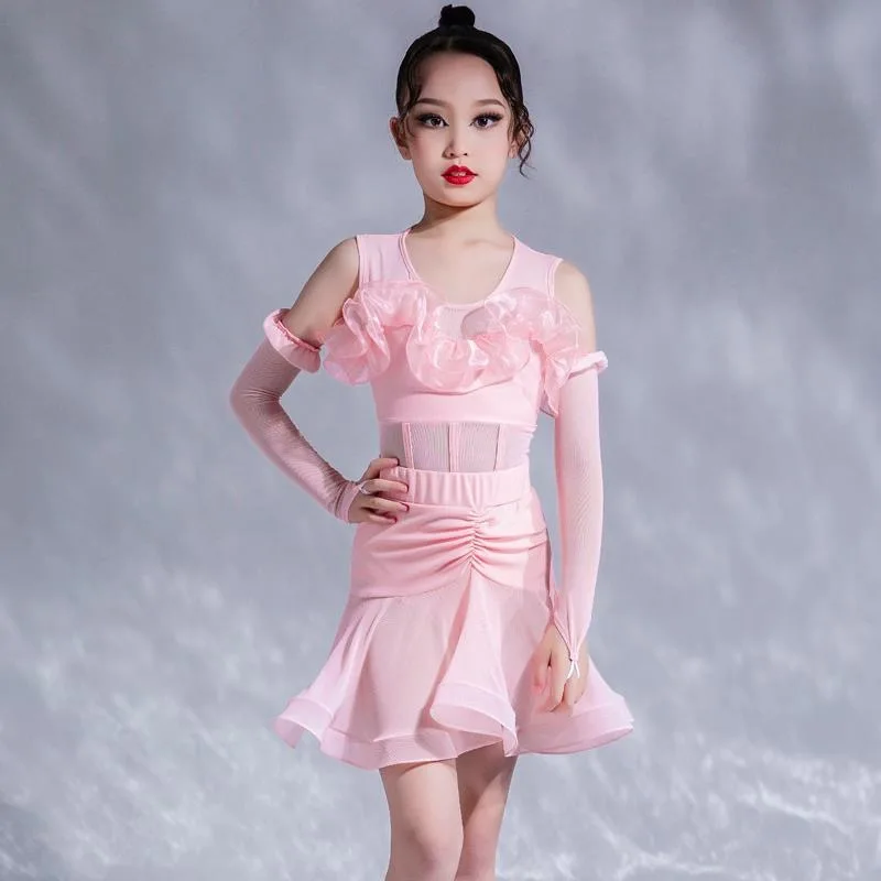 

Детский костюм для латинских танцев для девочек, тренировочные костюмы, розовые костюмы для латинских танцев, платье для соревнований, детское платье для ча-ча-румбы