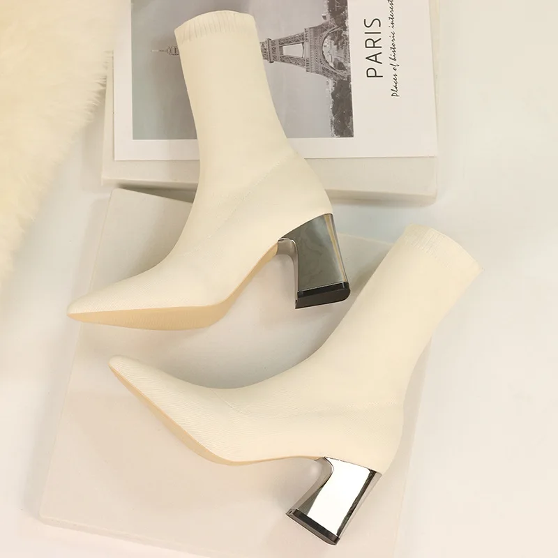 Fashion Women Boots White Black Pointed Toe Elastic Socks Boots Square Heels Boots Plus Size Ankle Boots Autumn Winter Shoes 42