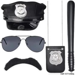 Halloween Costume Accessories Police Cap Badge Necklace Black Short Plush Simulated Beard Black Police Baton 35 cm