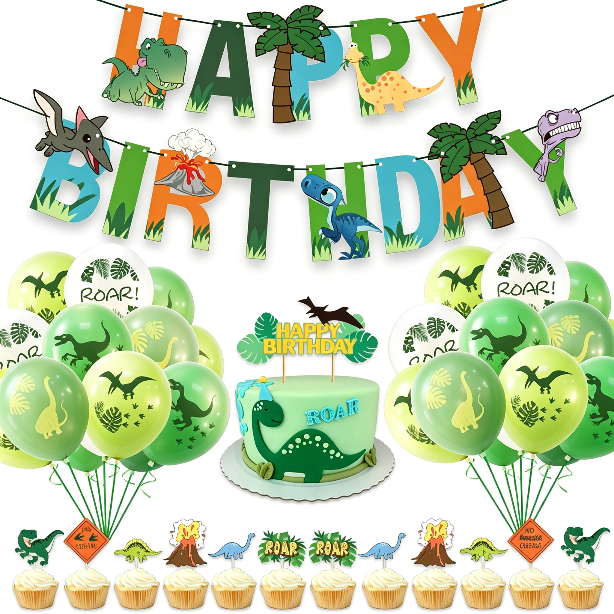 Dinosaur Birthday Decor Kit 46 Pcs, Happy Birthday Banner, 32 Balloons, Cake, Cupcake Toppers, Jungle Dinosaur Supplies for Boys