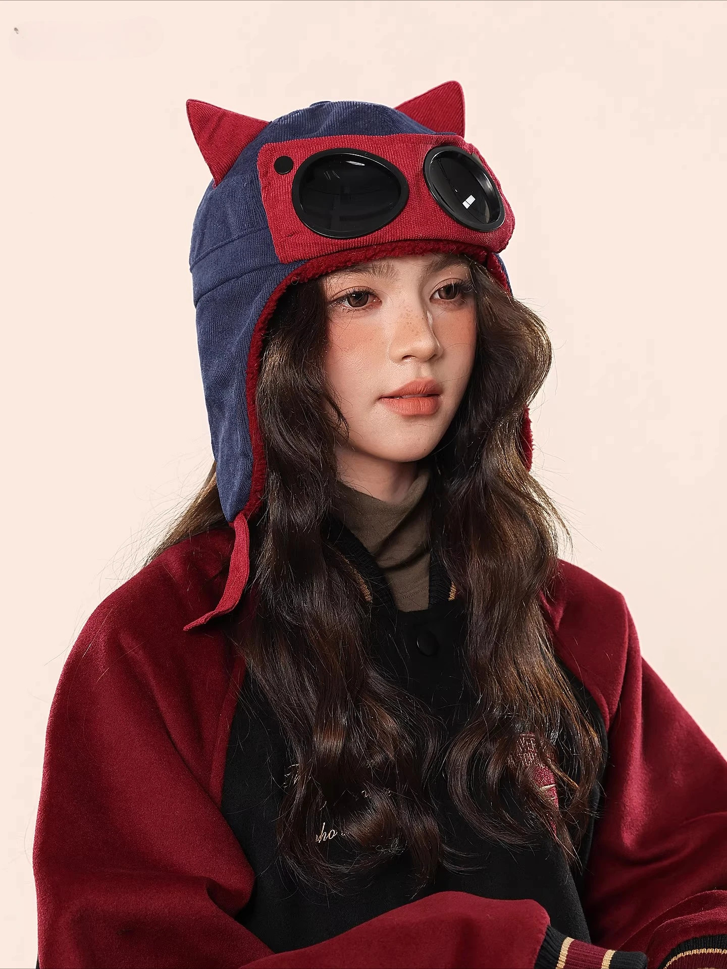 

Cat Ears Pilot Hat with Goggles Women Winter Warm Corduroy Thickened Velvet Parent-child Skiing Bomber Hats Earflap Cycling Cap