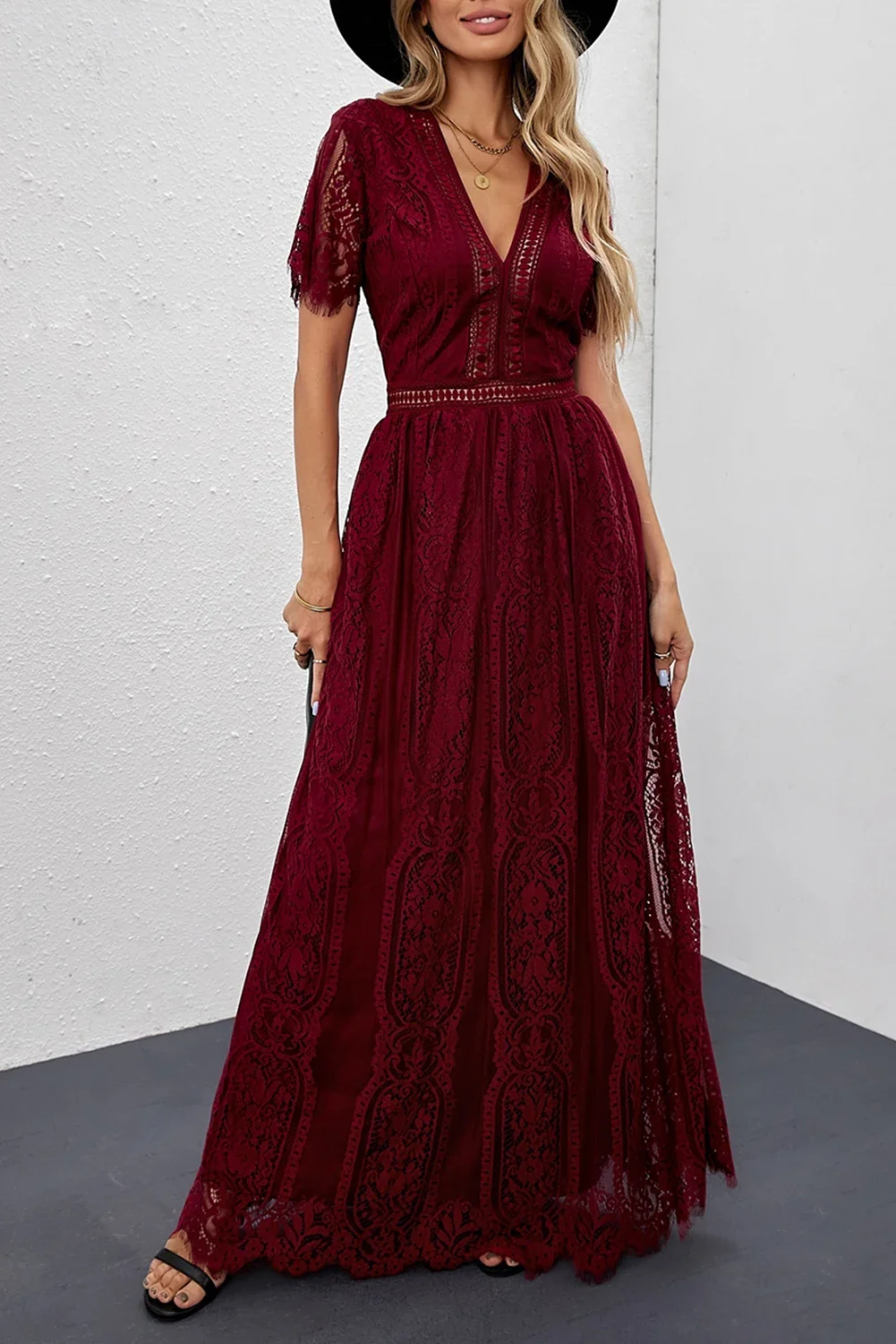 Imagem -06 - Elegante V-neck Lace Maxi Dress Vestido de Noite Formal