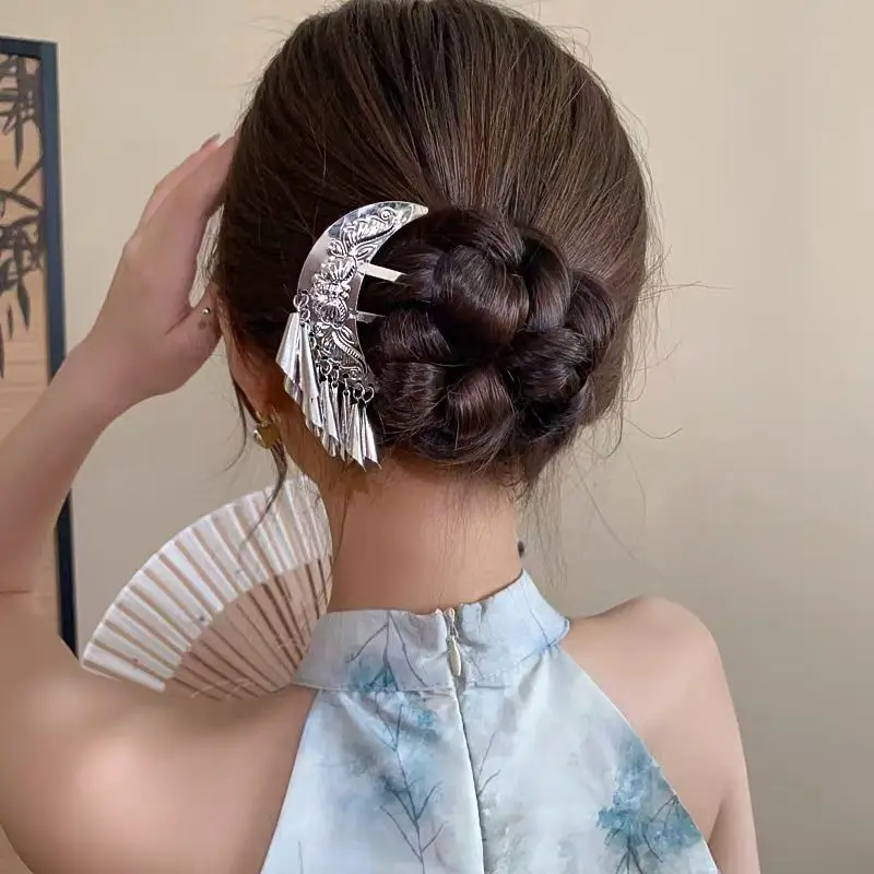 Women's Ethnic Bell Tassels U-Shaped Hairpin with Moon Butterfly Pattern