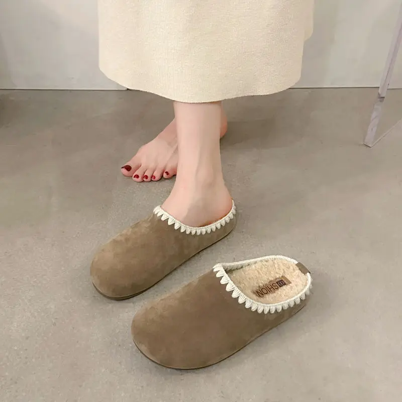 

Новые зимние теплые женские тапочки Baotou на толстой подошве, кружевные утолщенные плюшевые хлопковые туфли с круглым носком, коричневые тапочки в корейском стиле