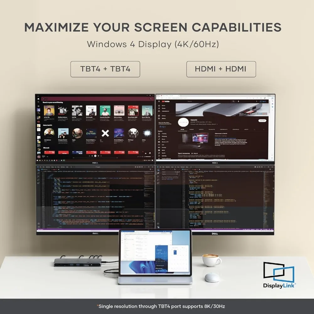 Station d'accueil Thunderbolt 4 avec DisplayLink, 12 en 1, charge 96W, 2 HDMI, 8K, 60Hz, transfert de données jusqu'à 40Gbps, 2 USB A