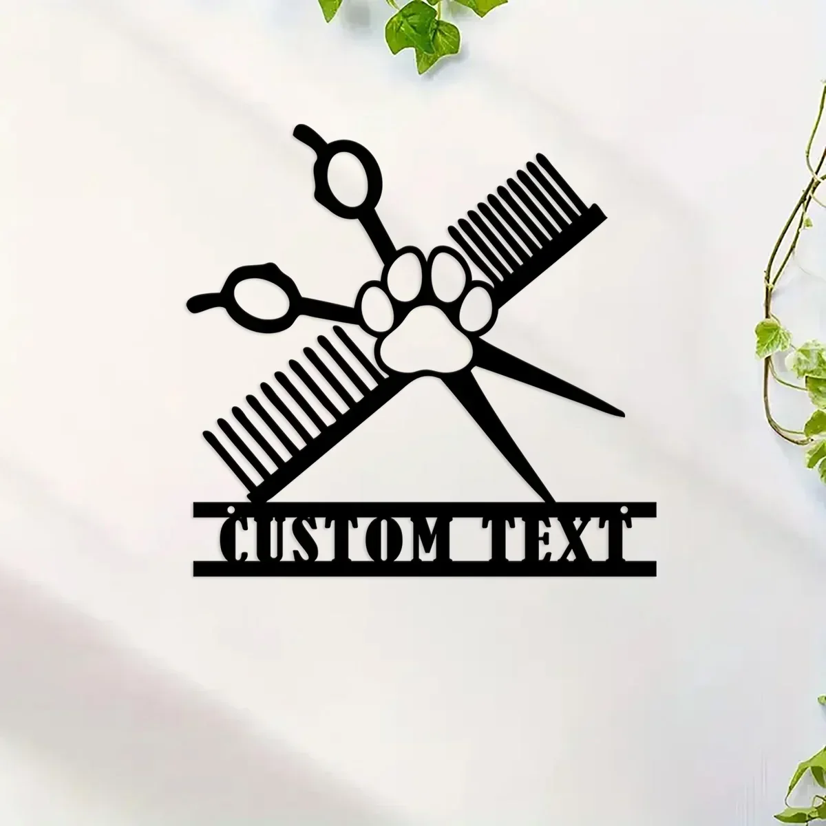 Aangepaste hondentrimmerschaar met pootafdruk, hondentrimmerbord, gepersonaliseerde metalen muurkunst met verlichting, hondenverzorgingsmonogram