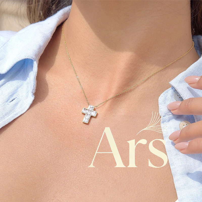Ars 18k Gold Plated Cross Pendant Necklace Women's Stainless Steel Chain Necklaces Minimalist Stacking Zircon Choker Necklaces