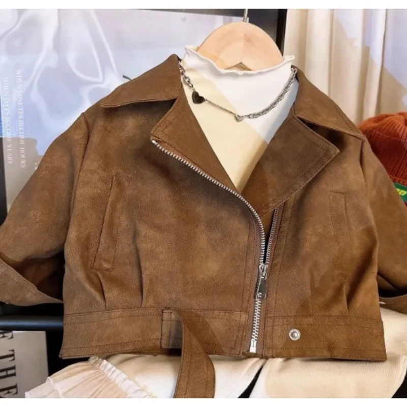 2025 Autumn New Fashionable and Stylish Suede Leather Collar Short Design Soild Color Jacket for Girls
