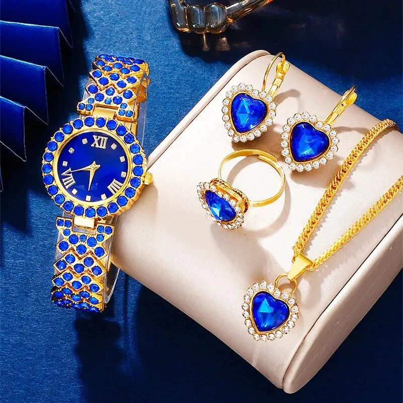 New Luxury Watch Women Necklace Earring Blue Rhinestone Fashion Wristwatch Casual Ladies Watches Jewelry Set Relogio Feminino