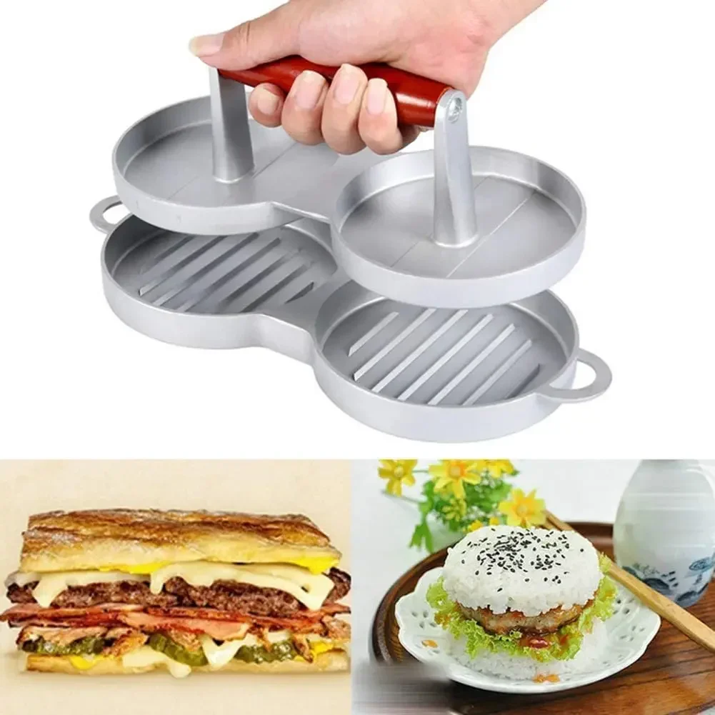 2 Grid Double Hole Stainless Steel Burger Meat Press,Machine Hamburger Meat Masher Press Minced Steak Mold Kitchen Cooking Tools