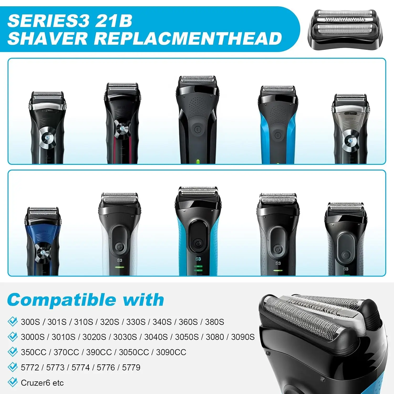 Brangdy 21B S3 رؤوس بديلة رطبة وجافة لجميع ماكينات الحلاقة الكهربائية Braun Series 3 3040s 300s 310s 320s 360s 3010s 3090cc