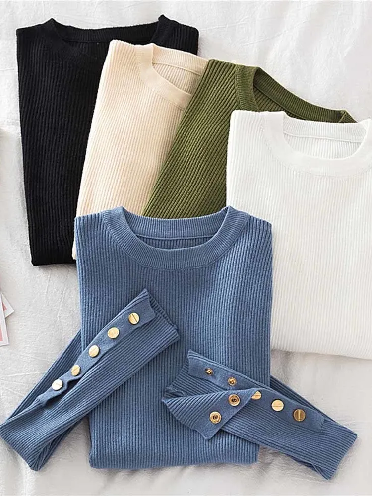 

Slim Fit Thin Sweater Women's Base irt Thin Leggings Street Sle Long Sve round Ne Regular Thin Autumn Winter Sw...