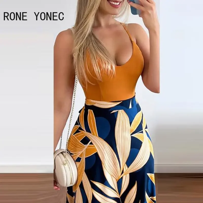 2023 Women Casual All Over Print Bottom & Solid Spaghetti Straps Crop Tops Lace Up Midi Vacation Skirt Sets