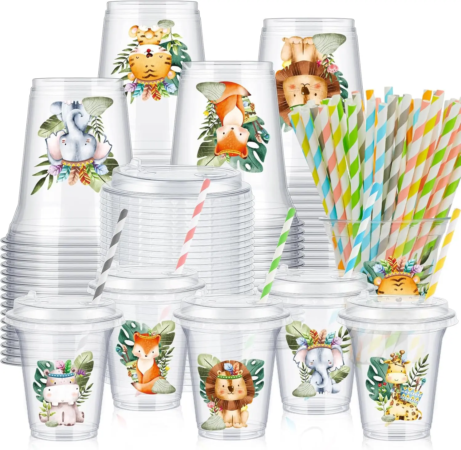 

36 Set Jungle Safari Animal Themed Party Favors Plastic Cups 14 oz Birthday Party Supplies Cups with Plastic Lids and Pa