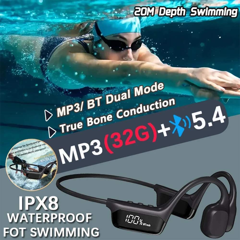 IPX8 Waterproof Bluetooth 5.4 True Bone Conduction Open Headphones 32GB MP3 Player LED Display HIFI Swimming Sports Headphones