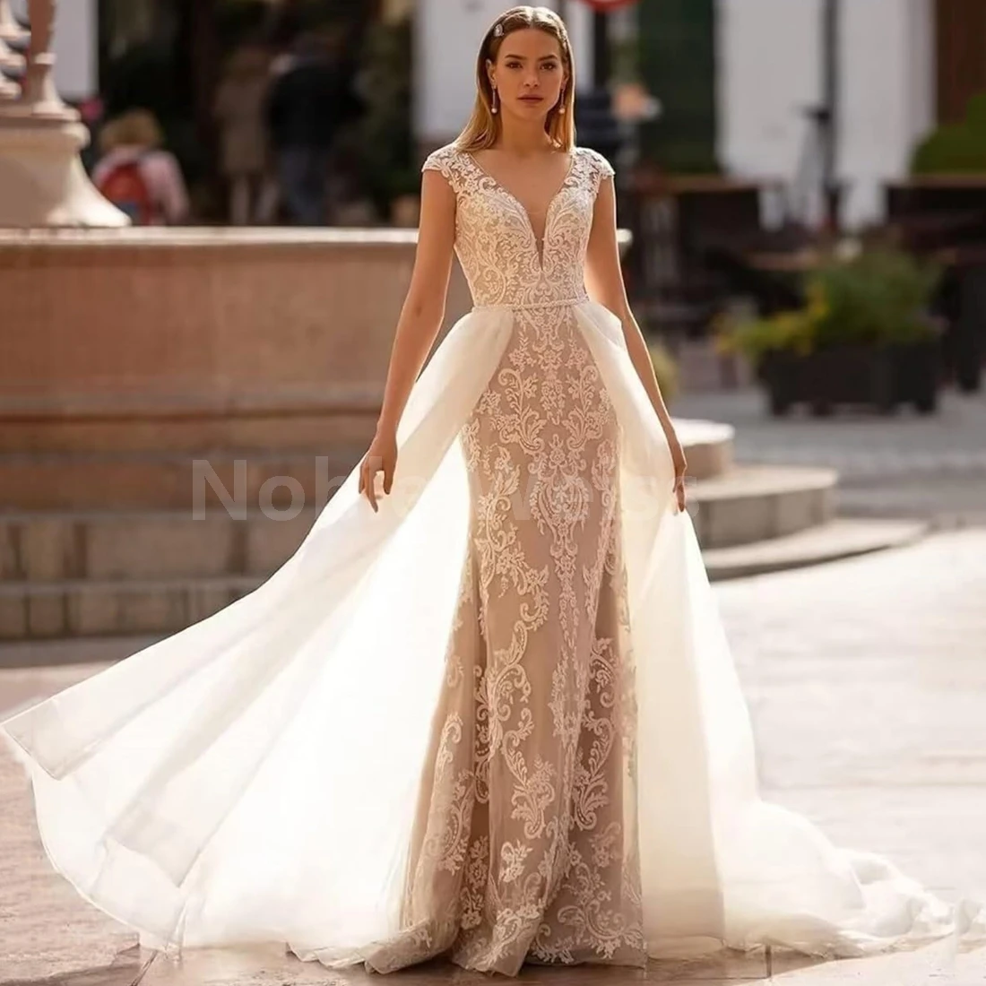 Stunning Lace V-Neck Mermaid Wedding Dress with Lace Up Back Customized