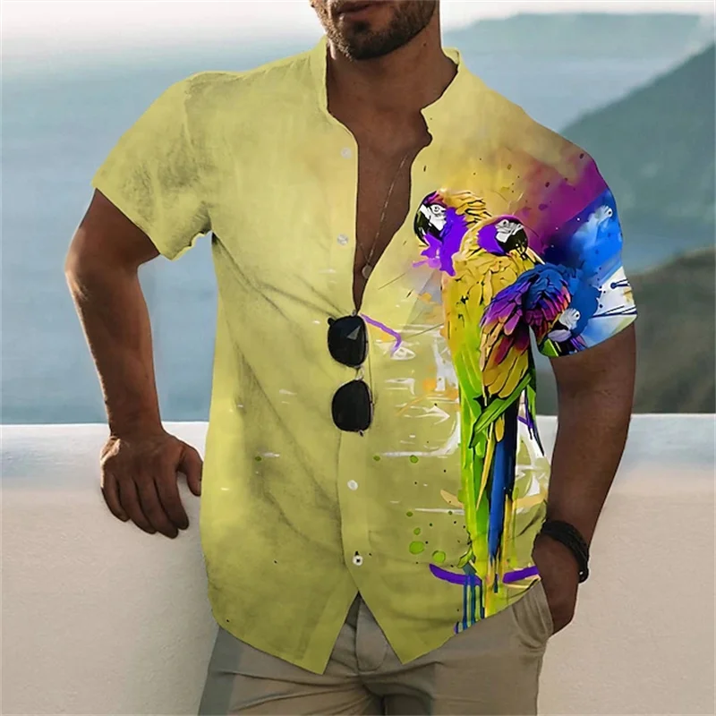 Handsome Men\'s Summer Short Sleeve Button Down Shirt 2024 New Outdoor Travel Temperament Tee Fun Parrot Printed Short Sleeve