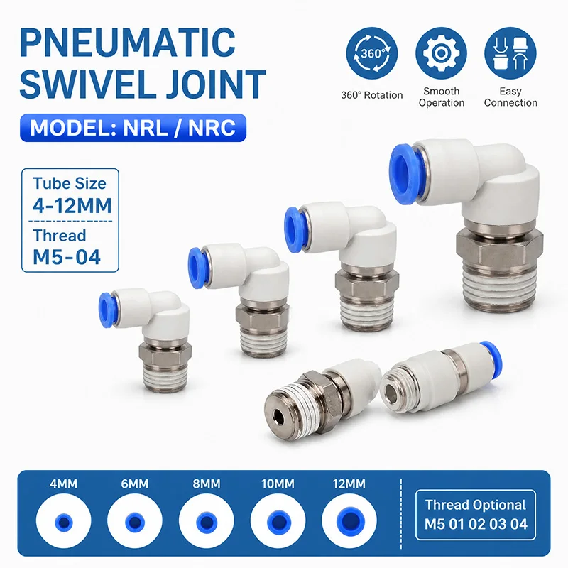 Pneumatic Rotating Fitting NRL/NRC Air Hose Connector 360° Swivel Quick Release Air Tube Coupling Straight or Elbow Type 4-12MM