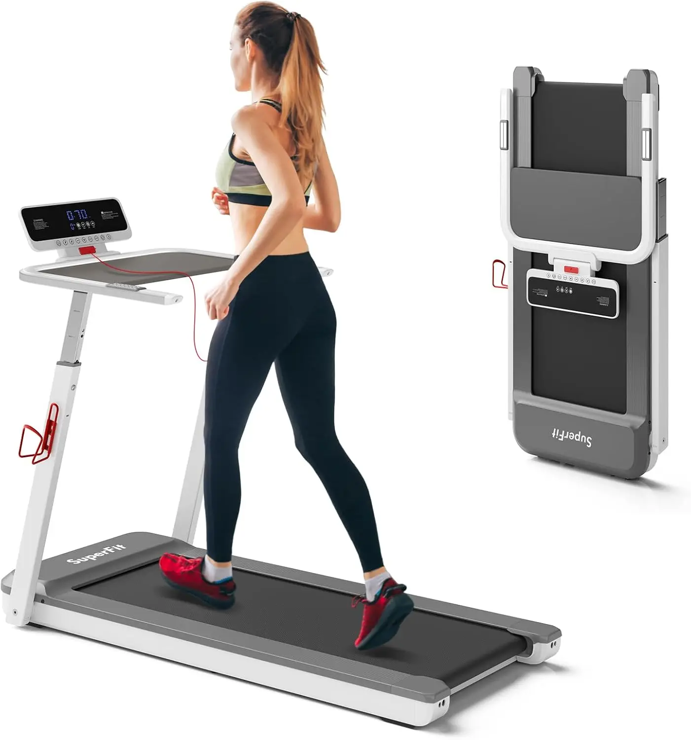 

3HP Foldable Treadmill with Desk, Superfit Folding Treadmills for Home Office, Adjustable Height, Bluetooth Speaker, APP Control