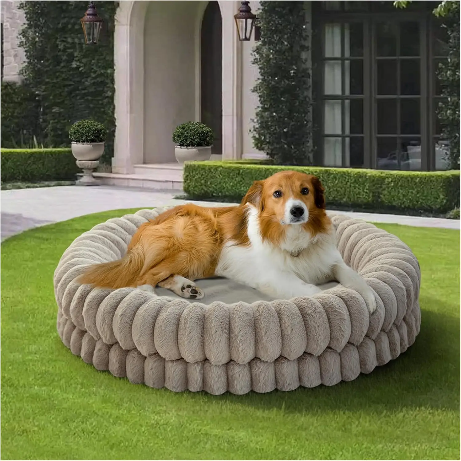 

36 Inch Round Donut Dog Bed for Large Dogs, Washable Orthopedic Pet Bed with Anti-Slip Bottom, Oatmeal